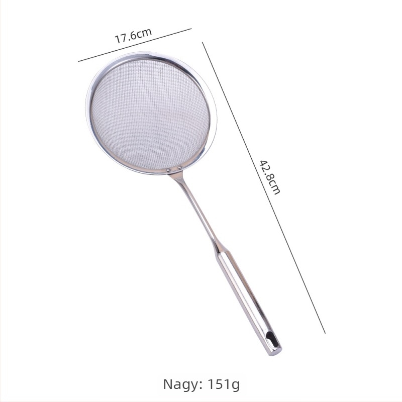 Konyhai szita rozsdamentes acélból, akasztóval és kerek fogantyúval, liszt és olaj szűrésére