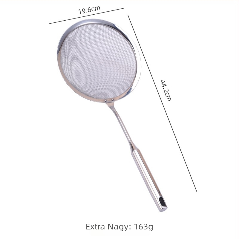 Konyhai szita rozsdamentes acélból, akasztóval és kerek fogantyúval, liszt és olaj szűrésére