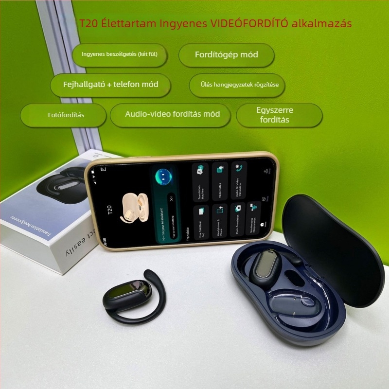 Kereskedelmi fordító fülhallgató — 165 nyelv támogatott, Bluetooth 5.4, fülhorgos kialakítás, Windows/iOS/Android kompatibilis, 50 mAh akkumulátor