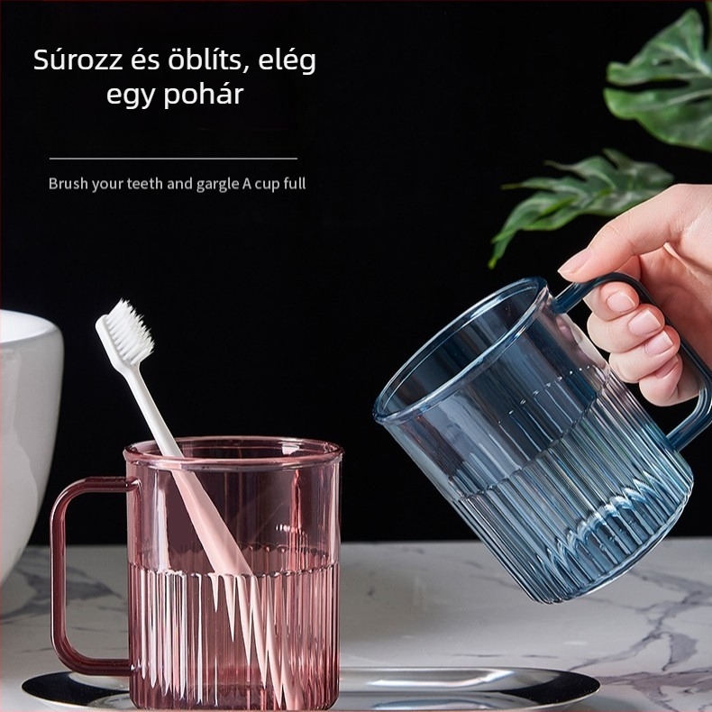 Szájöblítő pohár és fogkefés pohár – nordic stílusú, csíkos dizájn, PP anyag, modell 150, márka Happy Home Furnishing, háztartási használatra