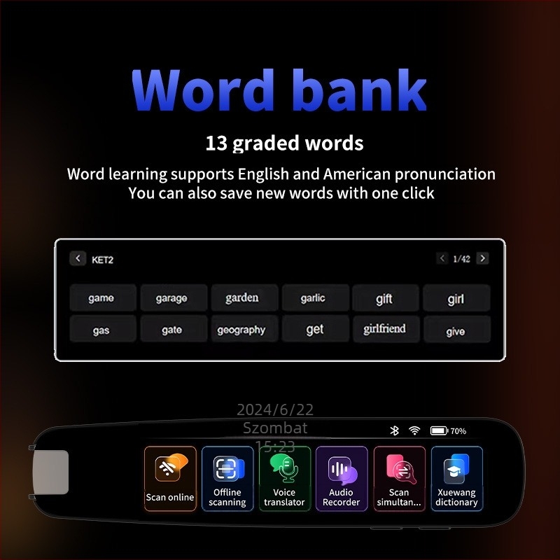 Szkennelő fordító toll — modell A33D, ABS ház, újratölthető lítium akkumulátor, tömeg 145 g, tollal olvasó készülék