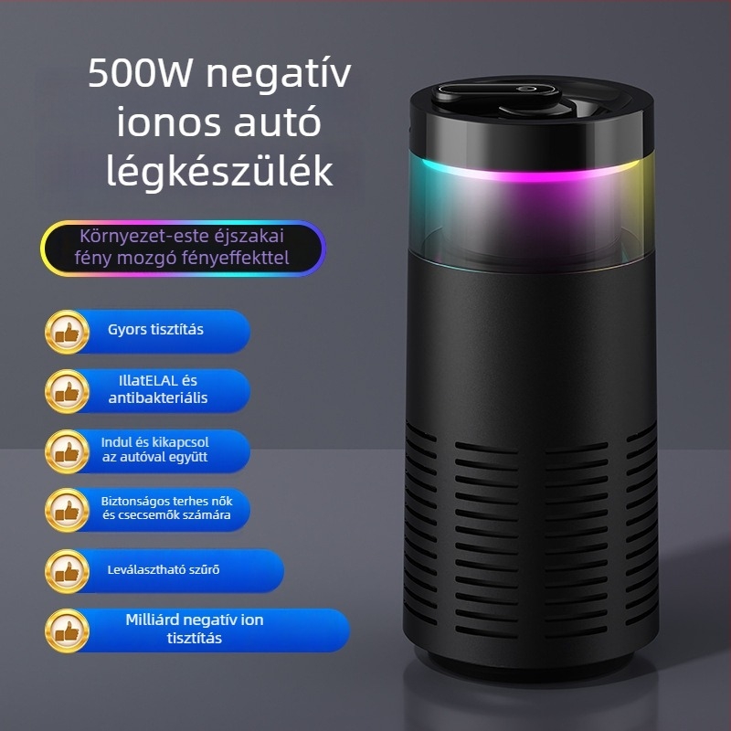 Autó belső levegőtisztító HEPA-kompozit szűrővel és negatív ionokkal — Modell K-3, USB táplálás, 2W, negatív ionok koncentrációja 500, akár 10 m²-ig