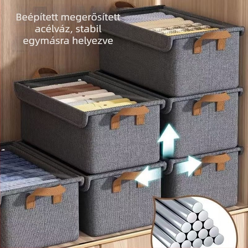 Összecsukható pamut-len textil ruhatartó doboz, gardrób rendező rétegzett kialakítással, 47×28×20 cm, 20–30 L kapacitás, kézzel hordozható.