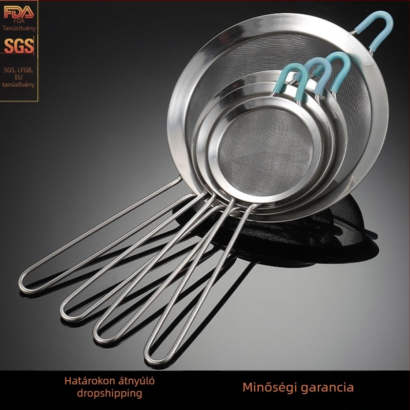 304 rozsdamentes acél kézi liszt szitáló szita, szűrőhálóval, hőálló, egyedi logó nyomtatás elérhető