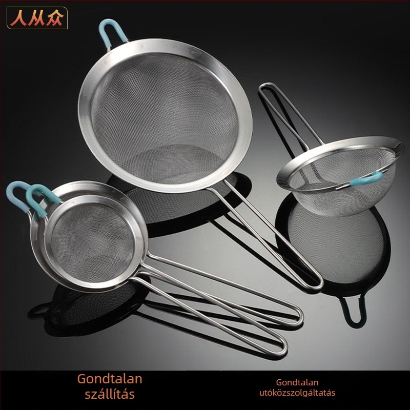 304 rozsdamentes acél kézi liszt szitáló szita, szűrőhálóval, hőálló, egyedi logó nyomtatás elérhető