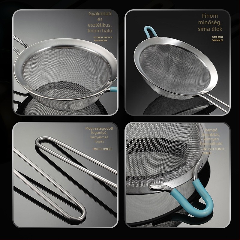304 rozsdamentes acél kézi liszt szitáló szita, szűrőhálóval, hőálló, egyedi logó nyomtatás elérhető
