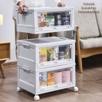 Összecsukható tároló doboz fedéllel és kerekekkel, japán stílusú, PP+POM műanyag, snap-zárás