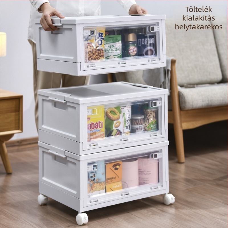 Összecsukható tároló doboz fedéllel és kerekekkel, japán stílusú, PP+POM műanyag, snap-zárás