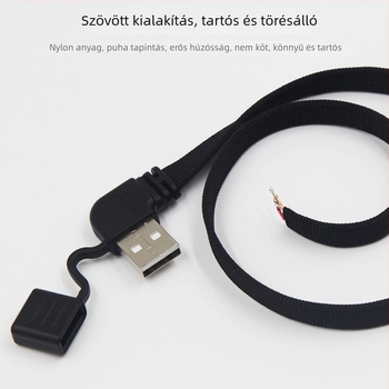 USB szövött töltőkábel fűtő ruházathoz, hajlított csatlakozóval és porvédő sapkával, hajlításálló, 5V2A