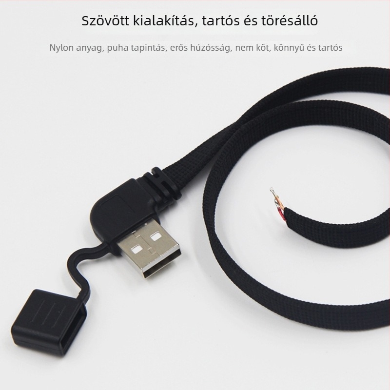 USB szövött töltőkábel fűtő ruházathoz, hajlított csatlakozóval és porvédő sapkával, hajlításálló, 5V2A