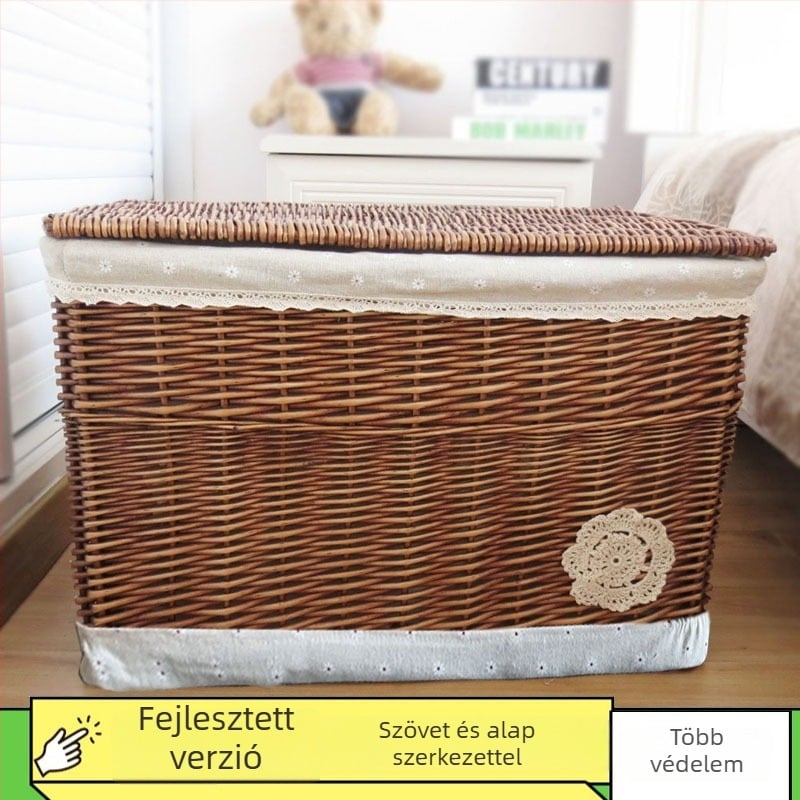 Fedéllel ellátott fonott tároló kosár, nagy kapacitású 50 L, kézben hordozható, nem összecsukható