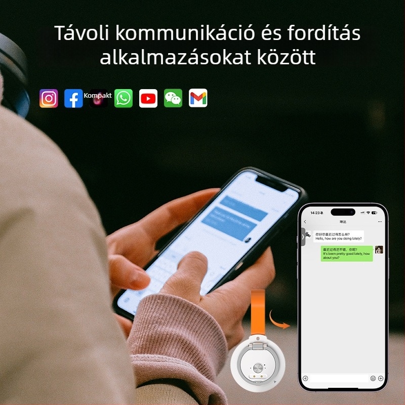 Kereszt-alkalmazású hangfordító mágneses tartóval – hang- és videohívások fordítása, találkozó jegyzőkönyv, Android–iOS kompatibilitás, Bluetooth