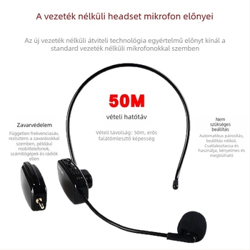 Tanítási fejhallgató mikrofon (modell W-01) vevővel és adapterrel, 100 Hz–20 kHz gyakorisáktartomány, SNR ≥75 dB, beépített akkumulátor, üzemidő 12 órán felül