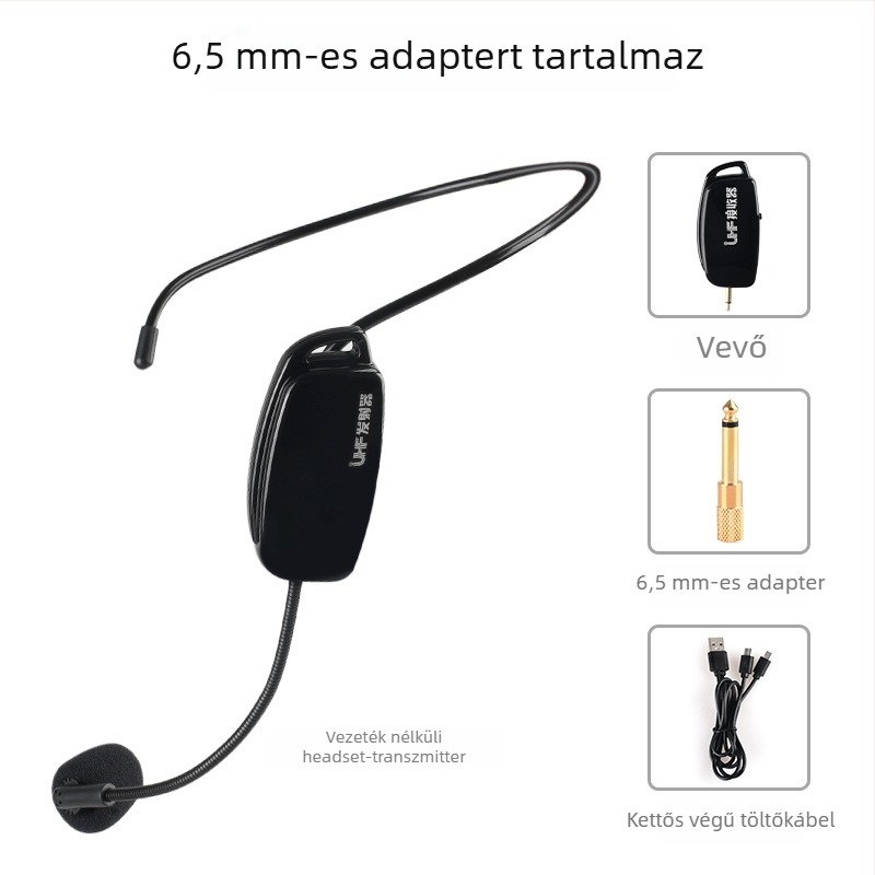 Tanítási fejhallgató mikrofon (modell W-01) vevővel és adapterrel, 100 Hz–20 kHz gyakorisáktartomány, SNR ≥75 dB, beépített akkumulátor, üzemidő 12 órán felül