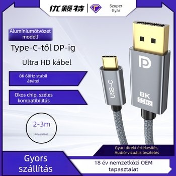 Type-C–ből DP 1.4 adapterkábellel, 8K60Hz stabil átvitel, intelligens chip, 2 m hosszú, réz vezető