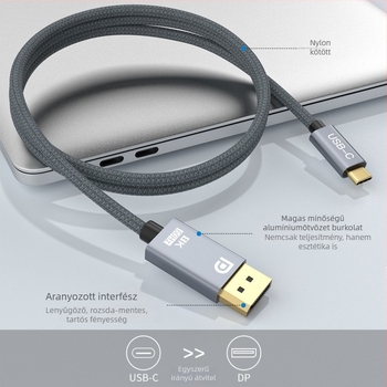 Type-C–ből DP 1.4 adapterkábellel, 8K60Hz stabil átvitel, intelligens chip, 2 m hosszú, réz vezető