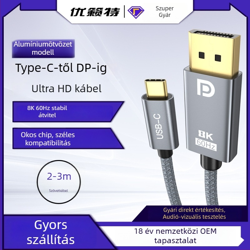 Type-C–ből DP 1.4 adapterkábellel, 8K60Hz stabil átvitel, intelligens chip, 2 m hosszú, réz vezető