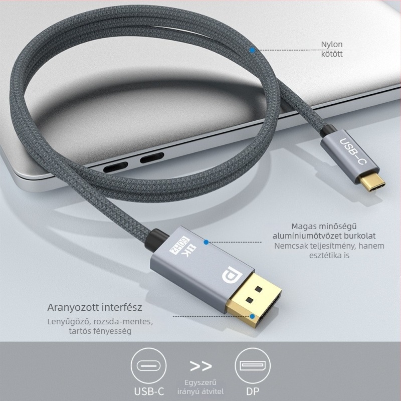 Type-C–ből DP 1.4 adapterkábellel, 8K60Hz stabil átvitel, intelligens chip, 2 m hosszú, réz vezető