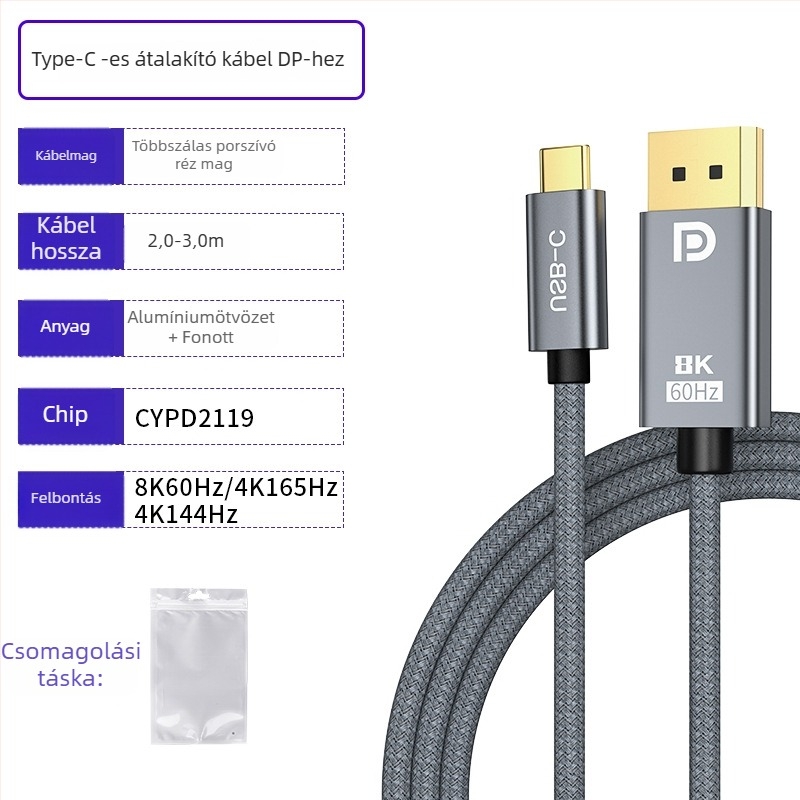 Type-C–ből DP 1.4 adapterkábellel, 8K60Hz stabil átvitel, intelligens chip, 2 m hosszú, réz vezető