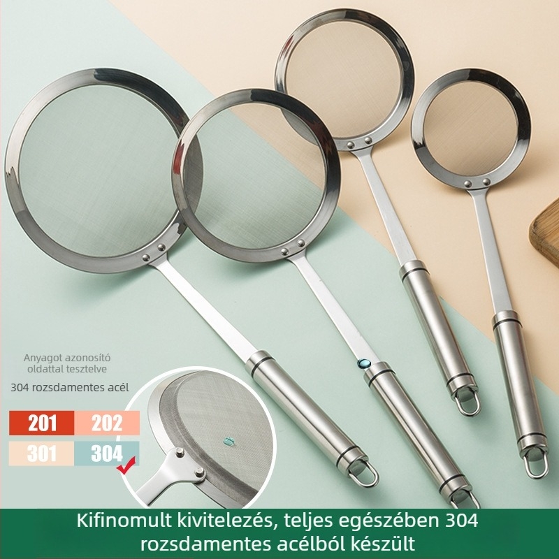 304 rozsdamentes acélból készült, ultrafin hálóval, sík aljzattal rendelkező szűrő – kettős fogantyú, égés elleni védelem (304; ultrafin háló; sík alj; kettős fogantyú; égés elleni védelem)