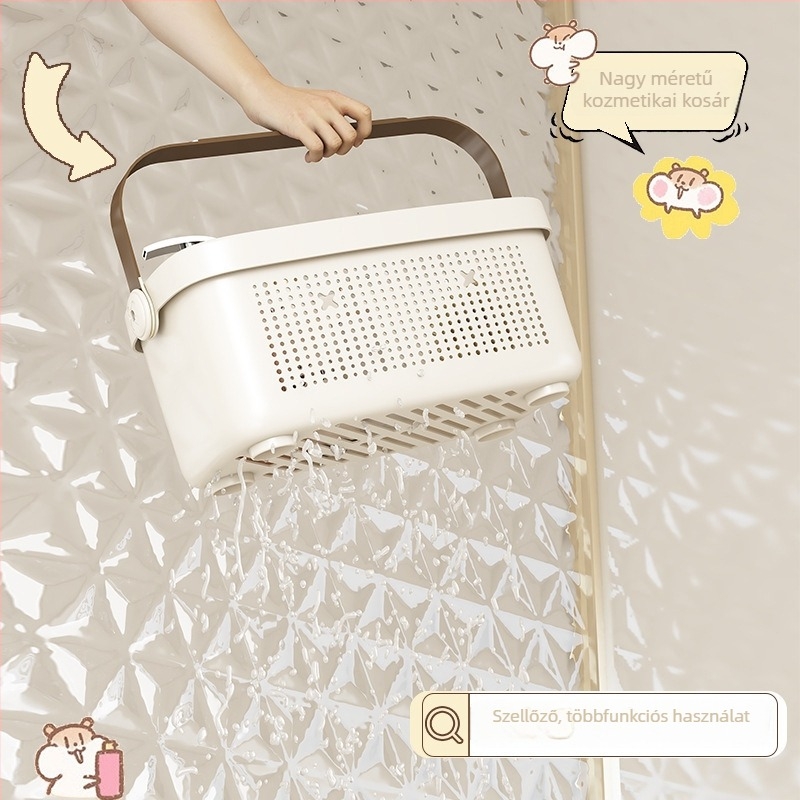 Nagy PP anyagú fürdőszobai akasztós kosár tusfürdő és kozmetikumok tárolására
