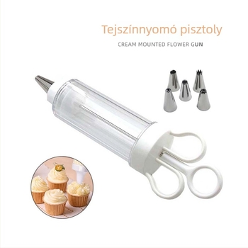 PP anyagú díszítő pisztoly készlet – tartalmaz díszítő fúvókat, díszítő zacskót és pisztolyt; tortákhoz és süteményekhez; modern minimalist design; licencelt privát címke