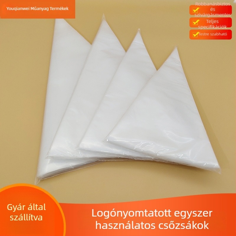 Egyszer használatos PE díszítő zacskó, vastított kivitelben, krém és tortadíszítéshez, alkalmas bébiételekhez.