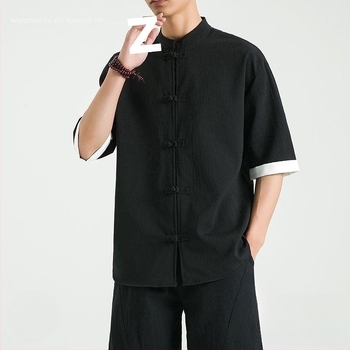 Lenvászon ing álló gallérral, 3/4-es ujjú, gombos, lazább szabású, 96% len