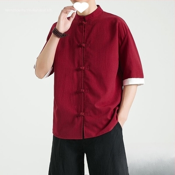 Lenvászon ing álló gallérral, 3/4-es ujjú, gombos, lazább szabású, 96% len