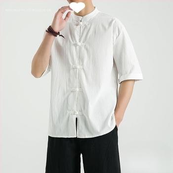 Lenvászon ing álló gallérral, 3/4-es ujjú, gombos, lazább szabású, 96% len