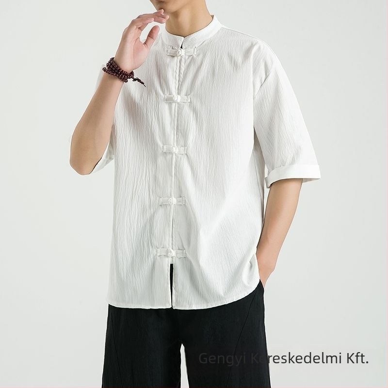 Lenvászon ing álló gallérral, 3/4-es ujjú, gombos, lazább szabású, 96% len