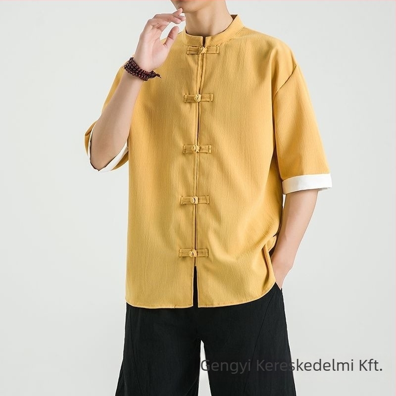 Lenvászon ing álló gallérral, 3/4-es ujjú, gombos, lazább szabású, 96% len