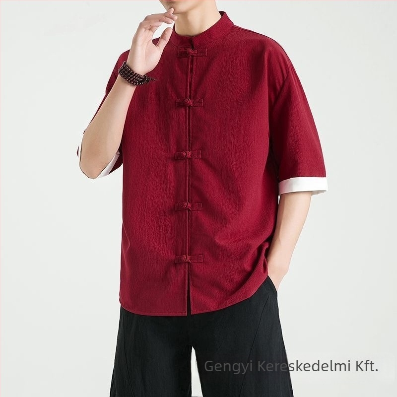 Lenvászon ing álló gallérral, 3/4-es ujjú, gombos, lazább szabású, 96% len