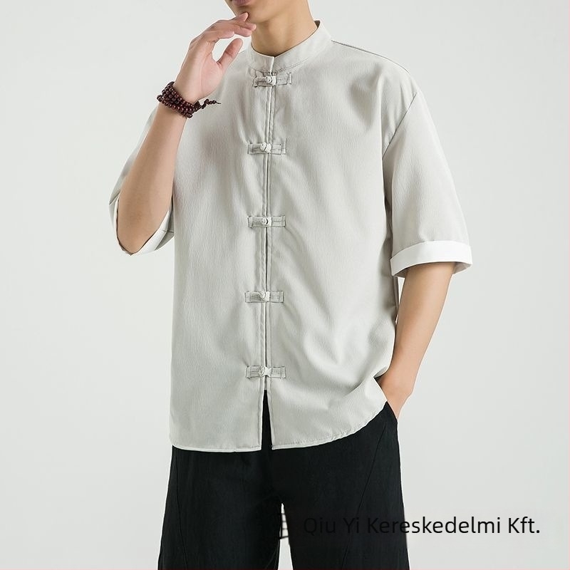 Lenvászon ing álló gallérral, 3/4-es ujjú, gombos, lazább szabású, 96% len