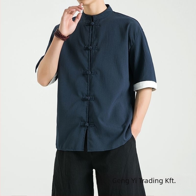 Lenvászon ing álló gallérral, 3/4-es ujjú, gombos, lazább szabású, 96% len