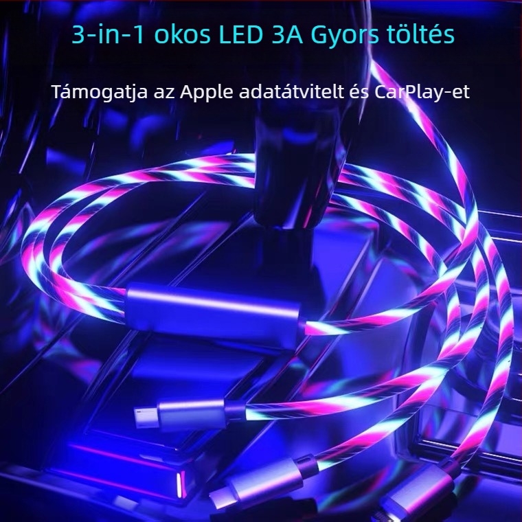 3 az 1-ben LED streaming autó töltő-datakábel (Lightning, Micro USB, Type-C; 3 az 1-ben kábel; 3A max.; alumíniumötvözet + TPU/PVC; intelligens fénycsík automatikus kikapcsolással teljes töltésnél)