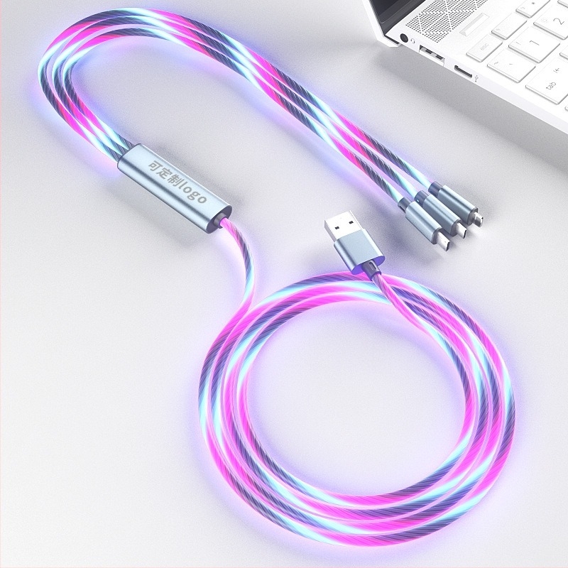3 az 1-ben LED streaming autó töltő-datakábel (Lightning, Micro USB, Type-C; 3 az 1-ben kábel; 3A max.; alumíniumötvözet + TPU/PVC; intelligens fénycsík automatikus kikapcsolással teljes töltésnél)