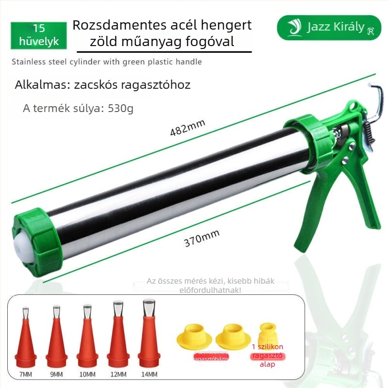 Kétfunkciós univerzális ragasztópisztoly forgó mechanizmussal és automatikus ragasztóvágással, rozsdamentes acél test, üveg és szerkezeti ragasztókhoz