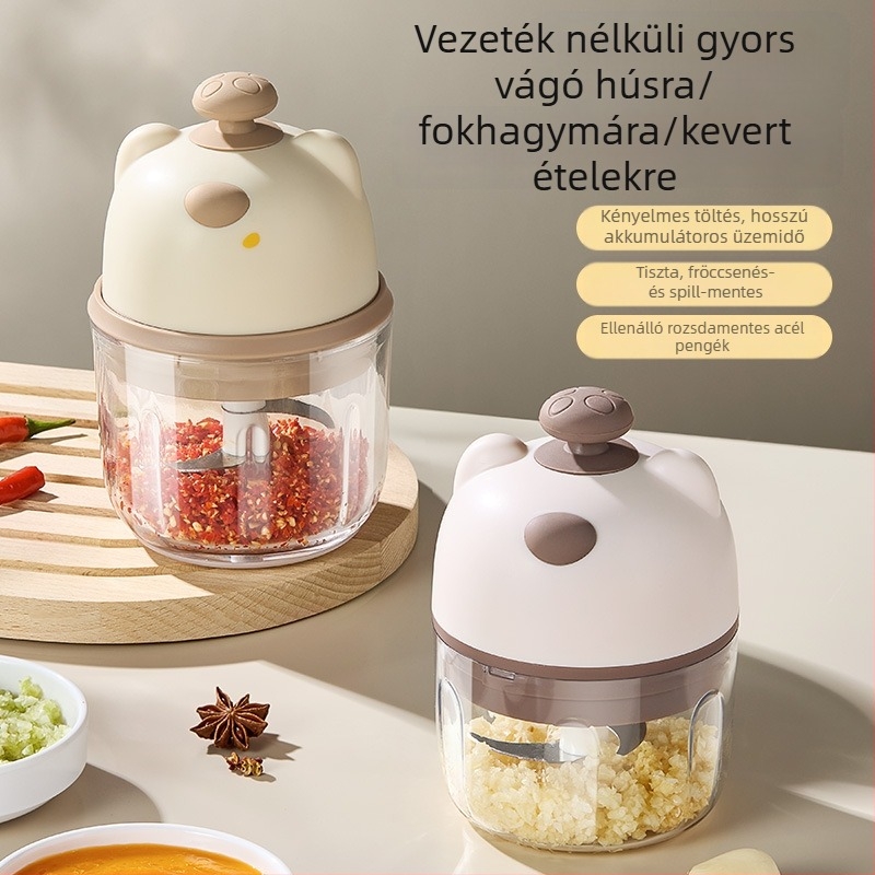 Elektrikus fokhagyma sajtoló és daráló – többfunkciós konyhai eszköz, 220W, 3.7-4.2V, anyagok PP/ABS/Szilikon/Üveg/Rozsdamentes acél