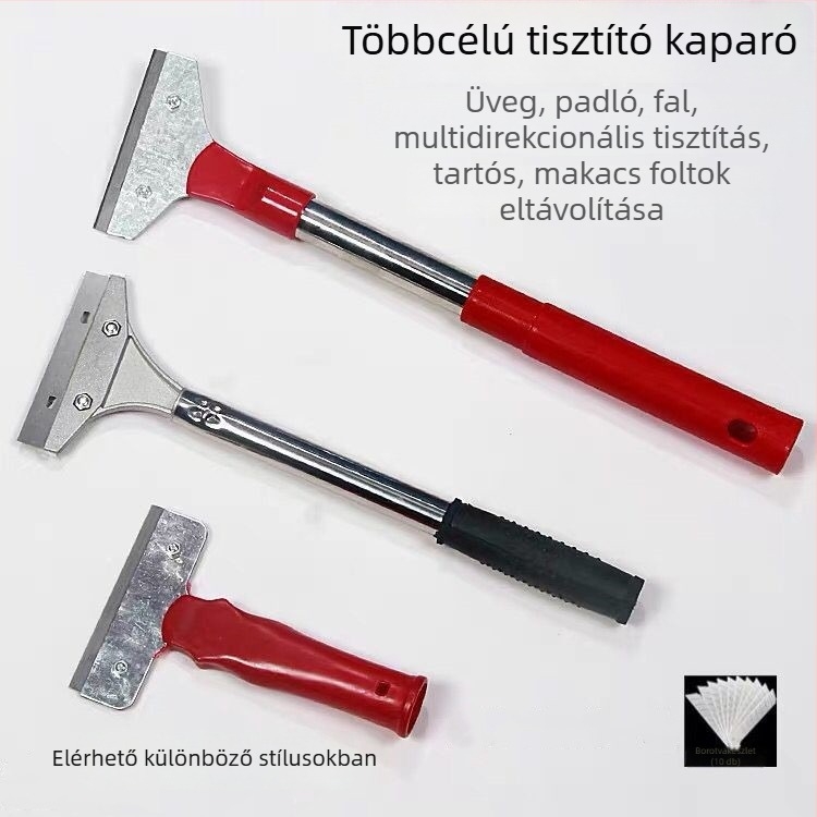 Kaparó alakú tisztítóeszköz ragasztó- és fuga maradványainak eltávolítására, vastagított kialakítással, falra és csempékre