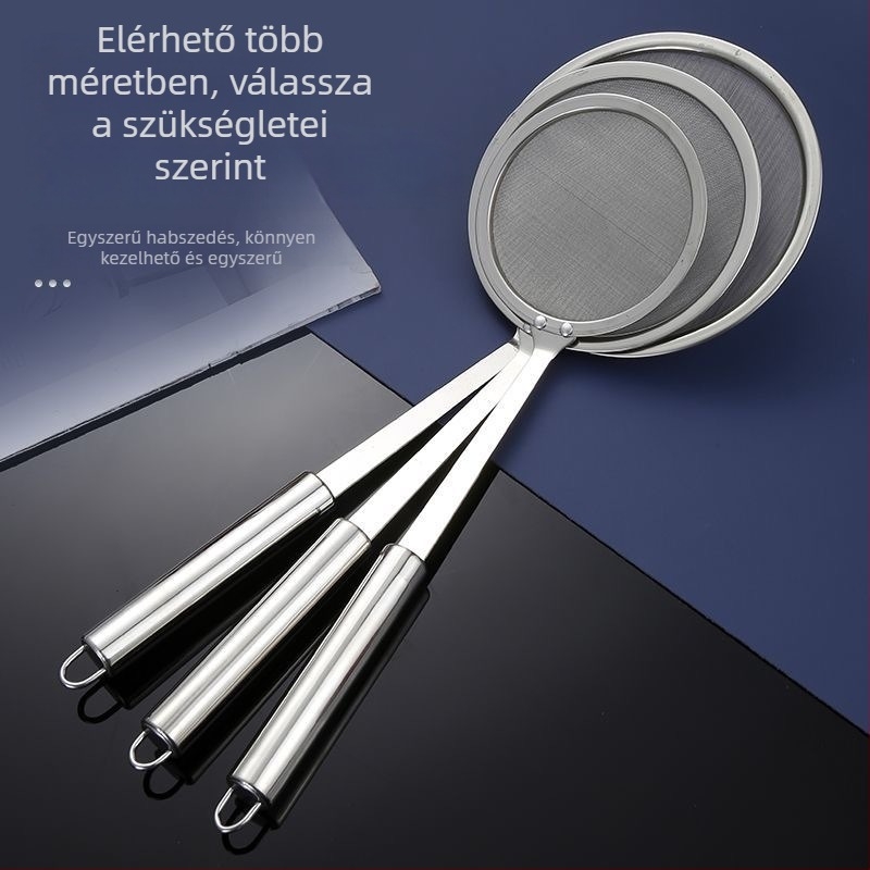 Rozsdamentes acélból készült finom hálós szűrőkanál szójatejhez, gyümölcsléhez és liszthez; csúszásmentes, hőálló