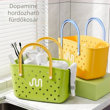 Fürdőszobai tárolókosár – műanyag, hordozható, téglalap alakú leeresztő kosár, kozmetikumok és ruhacserére, aranyos rajzfilm stílus