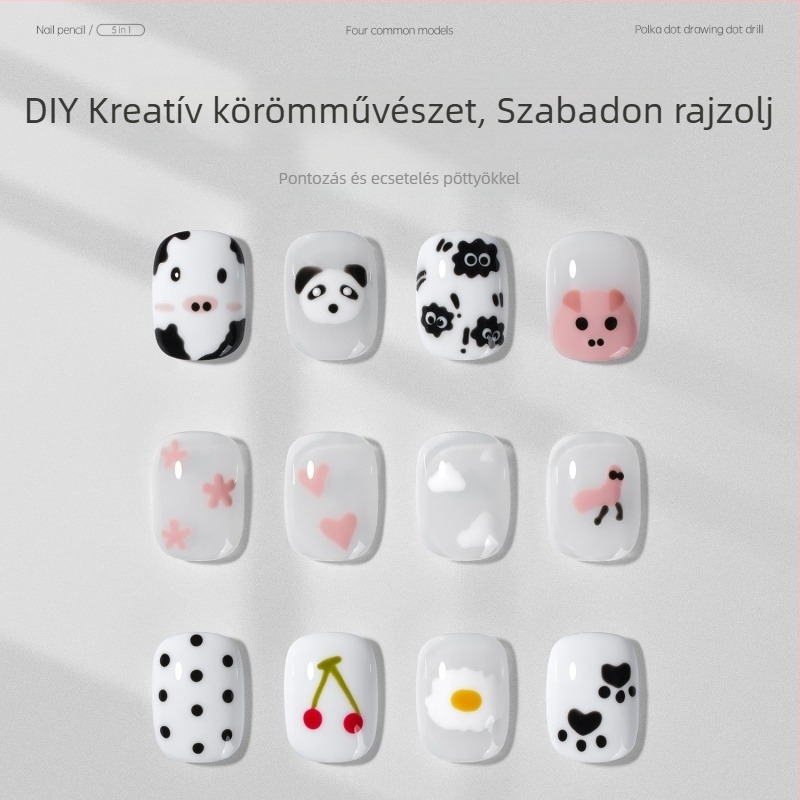 Öt az egyben nyomógombos pöttyös körömdíszítő toll, többfejes