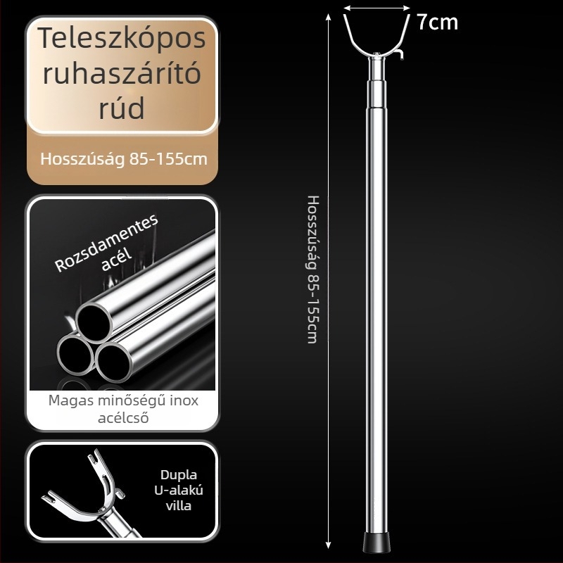 Rozsdamentes acél ruhaszárító rúd integrált villával, hosszított hosszúságú