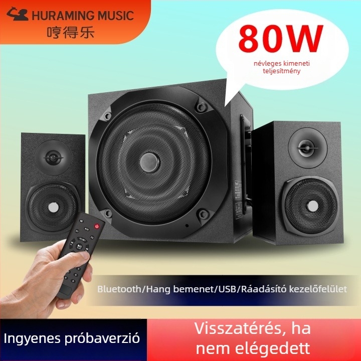 2.1 Bluetooth hangrendszer subwooferrel, fa kabinet, max 500W, MP3/USB lejátszás, 8 órás üzemidő