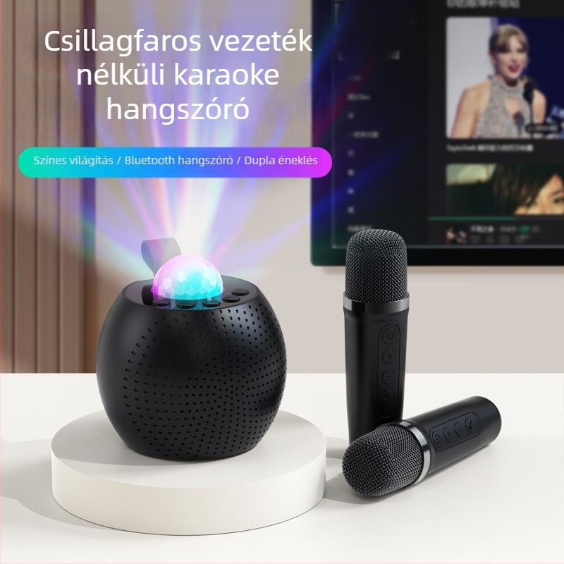 Karaoke Bluetooth hangszóró csillagfény-projekcióval és beépített mikrofonnal; Bluetooth 5.3, Li-Po akkumulátor, 5W, 100Hz–20kHz, SNR ≥70dB