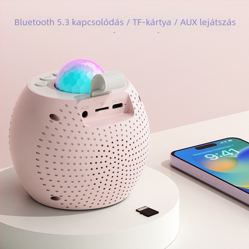 Karaoke Bluetooth hangszóró csillagfény-projekcióval és beépített mikrofonnal; Bluetooth 5.3, Li-Po akkumulátor, 5W, 100Hz–20kHz, SNR ≥70dB
