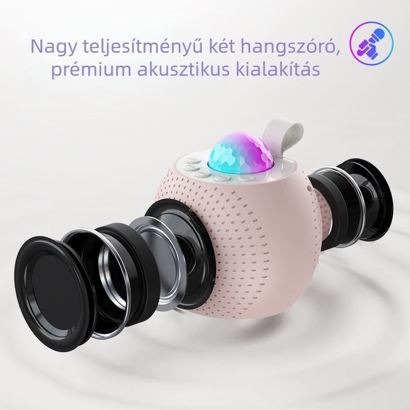 Karaoke Bluetooth hangszóró csillagfény-projekcióval és beépített mikrofonnal; Bluetooth 5.3, Li-Po akkumulátor, 5W, 100Hz–20kHz, SNR ≥70dB