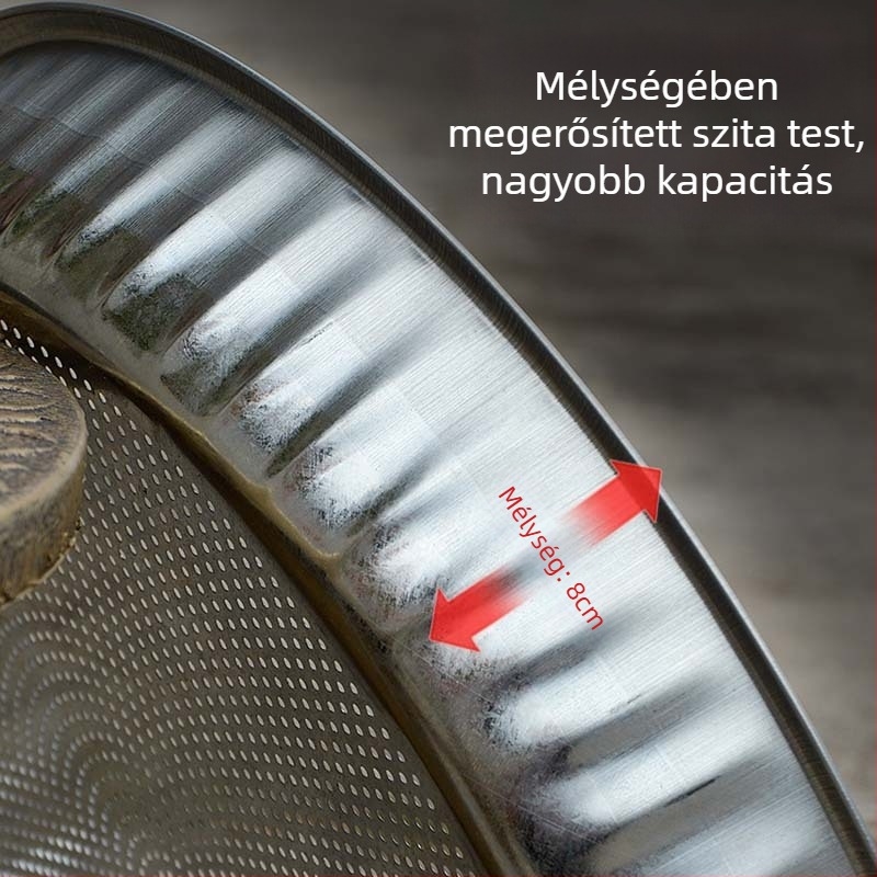 Rozsdamentes acél lisztszitáló – kör alakú, sűrű lyukú háló, többfunkciós integrált kialakítás, gabonák szárításához