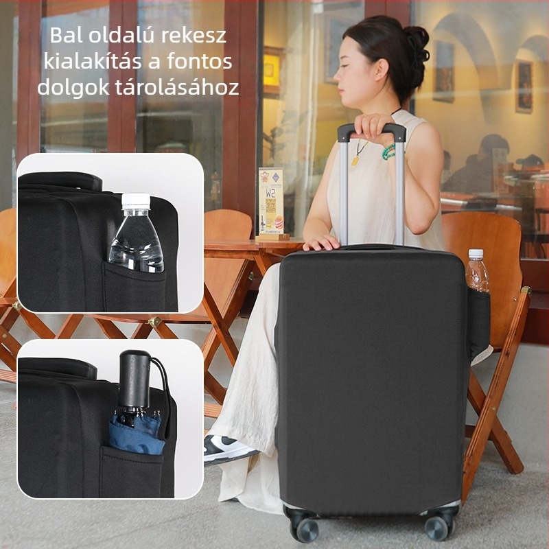 Oldalsó zsebbel rendelkező bőröndvédő huzat, megerősített poliészter-elasztán, kopásálló és vágásálló, por- és karcolásálló